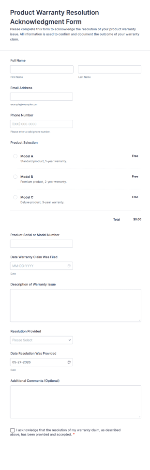 Product Warranty Resolution Acknowledgment Form Template