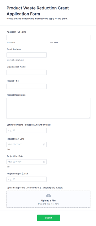 Product Waste Reduction Grant Application Form Form Template