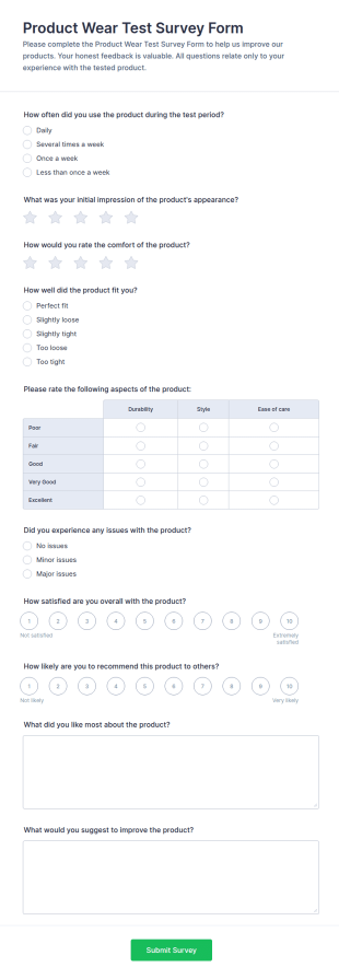 Product Wear Test Survey Form Template