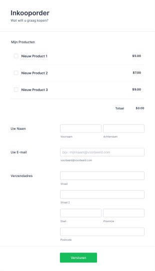 Productaankoop BestelFormulier Form Template