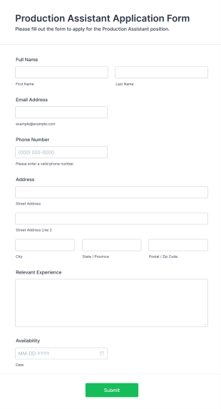 Production Assistant Application Form Form Template