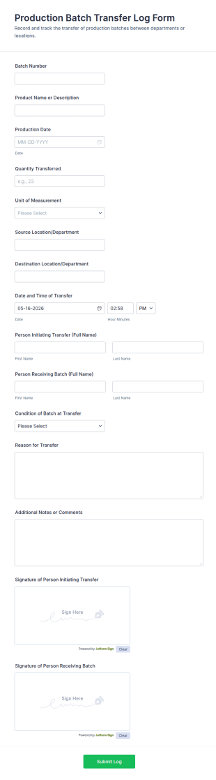 Production Batch Transfer Log Form Template