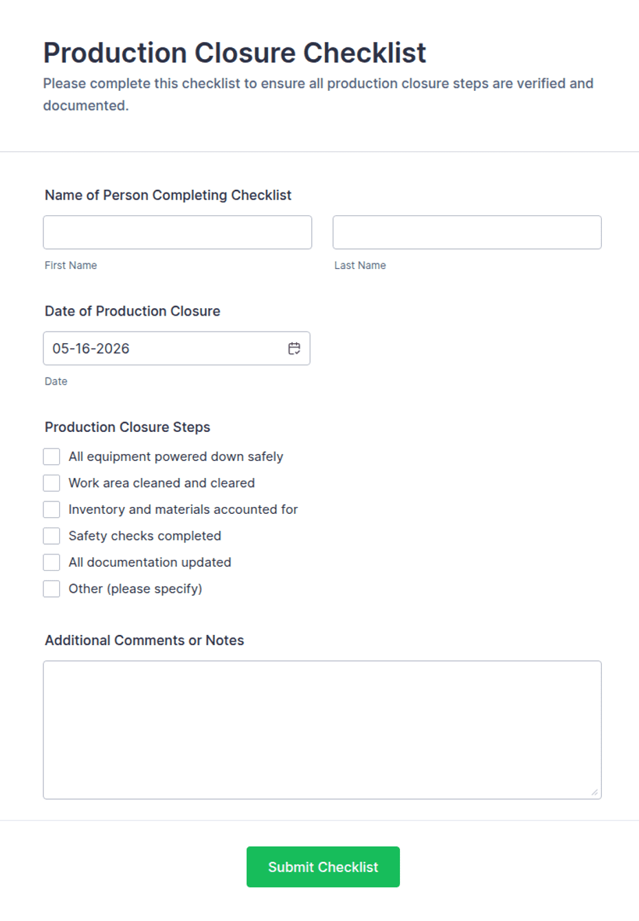 Production Closure Checklist Form Template | Jotform