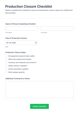 Production Closure Checklist Form Template