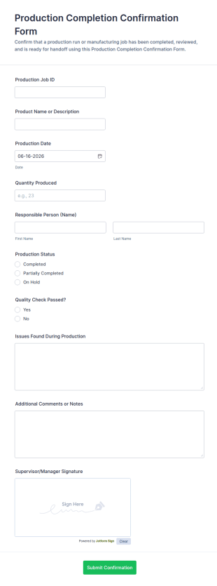 Production Completion Confirmation Form Template