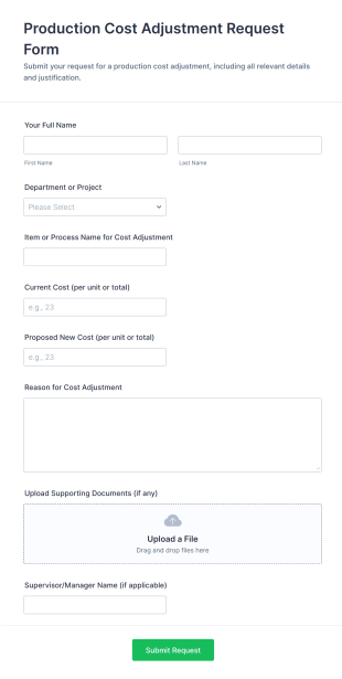 Production Cost Adjustment Request Form Template