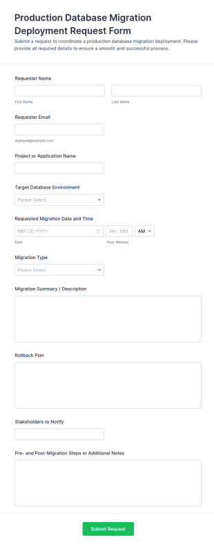 Production Database Migration Deployment Request Form Template