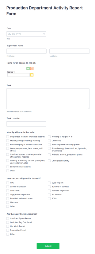 Production Department Activity Report Form Template