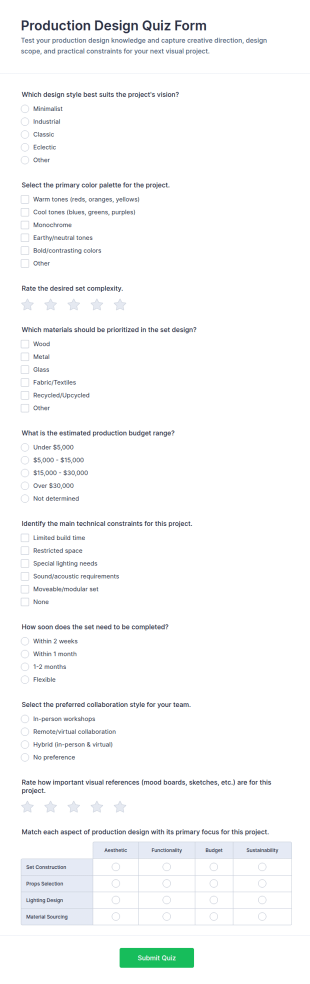 Production Design Quiz Form Template