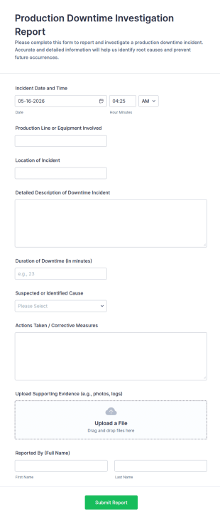 Production Downtime Investigation Report Form Template