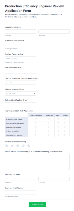 Production Efficiency Engineer Review Application Form Template