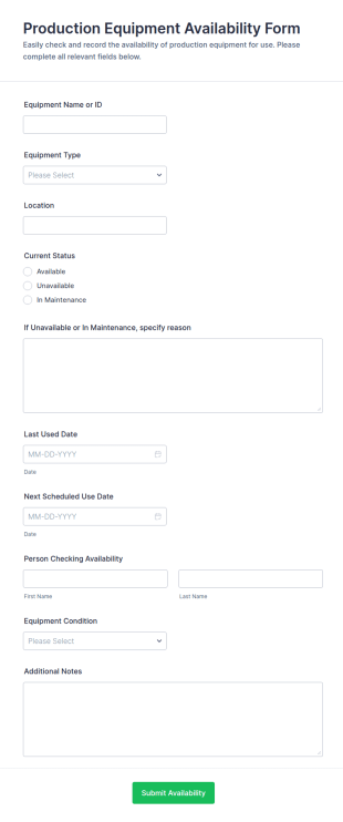Production Equipment Availability Form Template