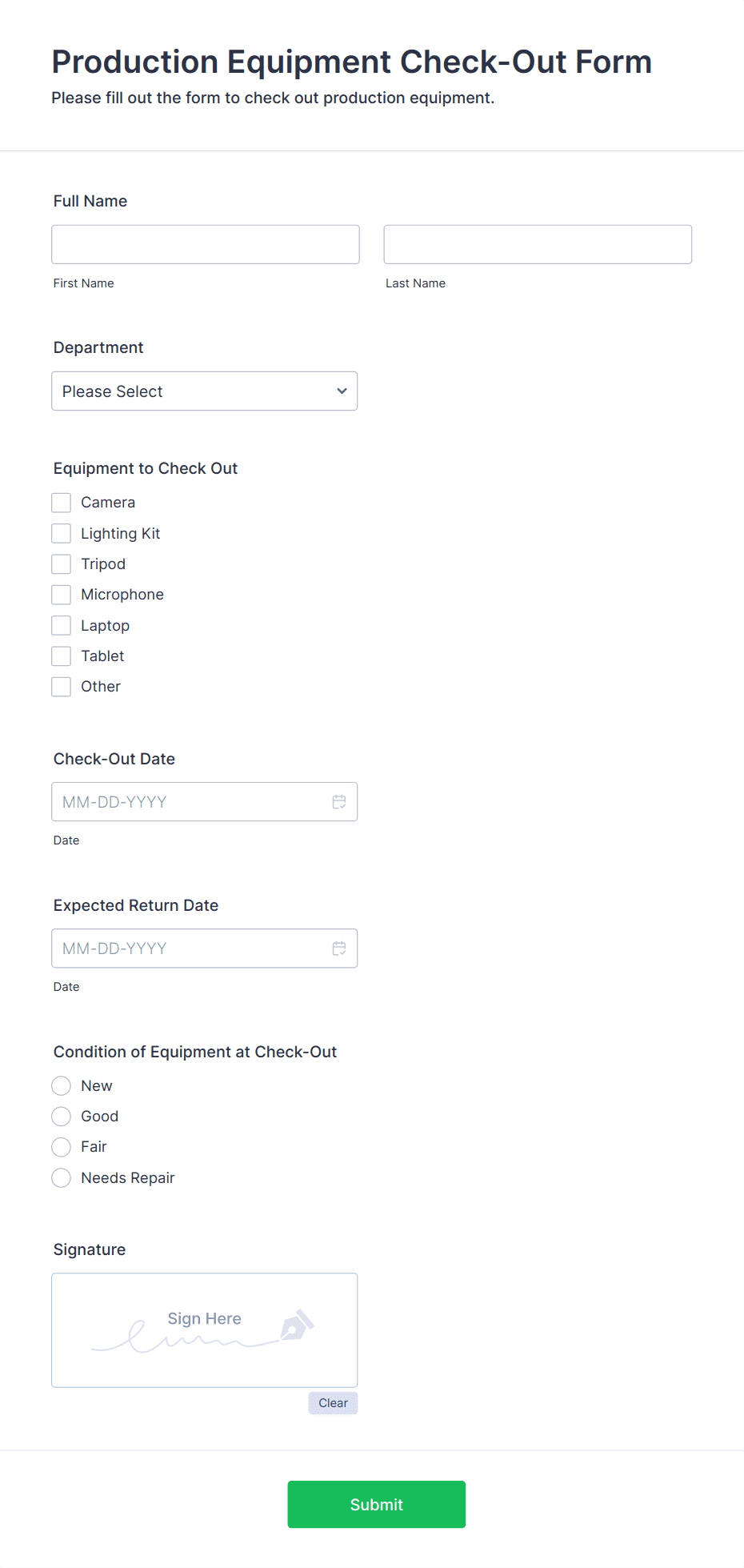 Production Equipment Check-Out Form Template | Jotform