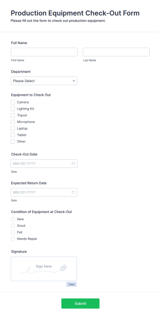Production Equipment Check Out Form Template