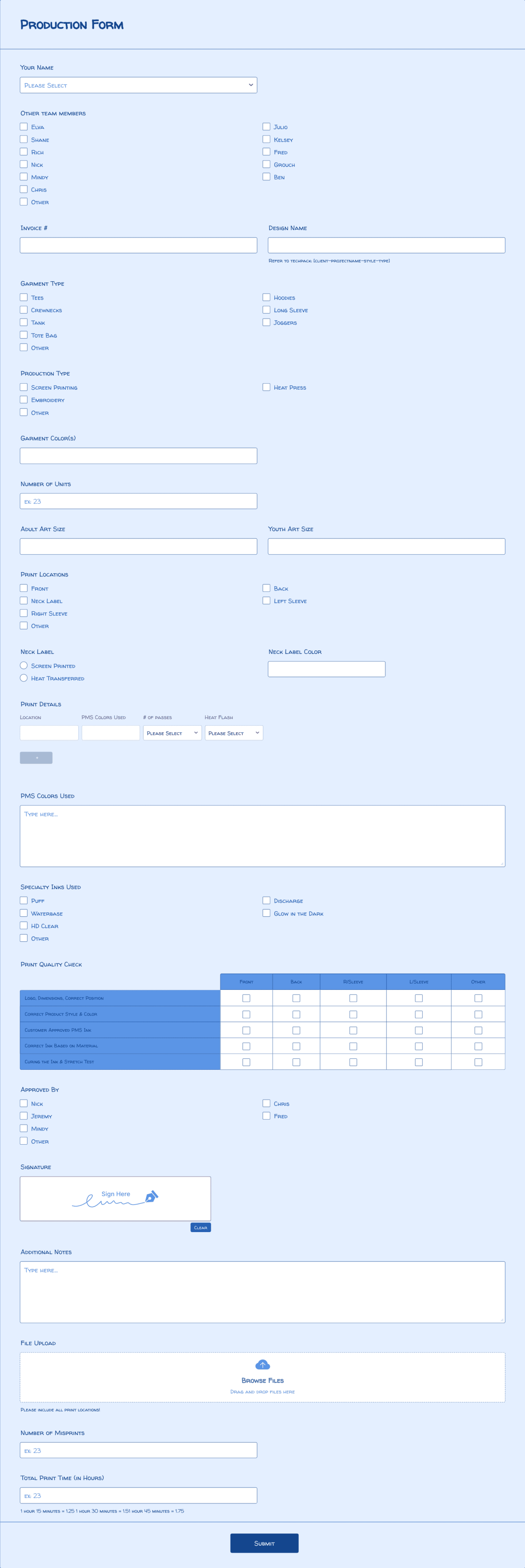 Production Form V1.0 Form Template | Jotform