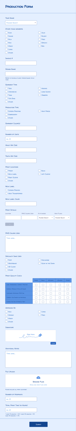 Production Worksheet Form Template
