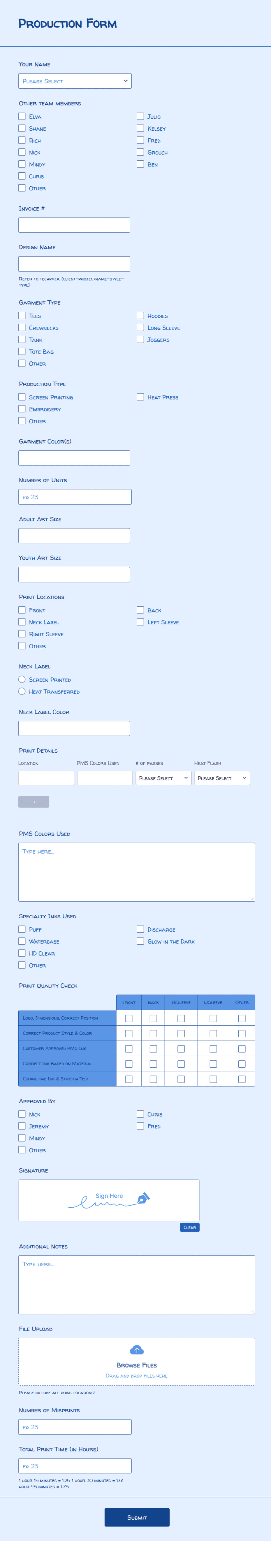Production Form V1.0 Form Template | Jotform
