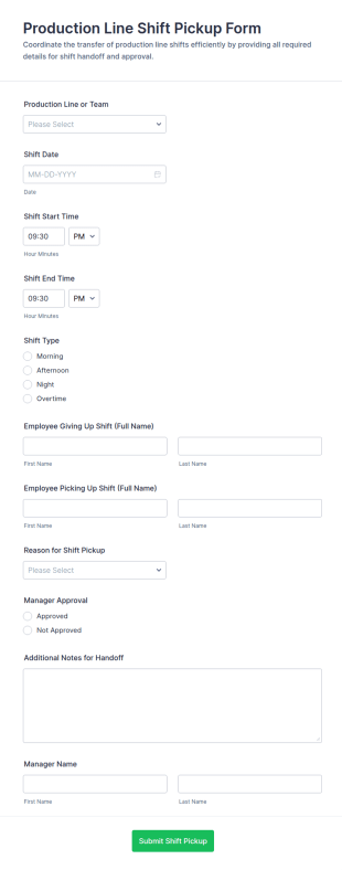 Production Line Shift Pickup Form Template