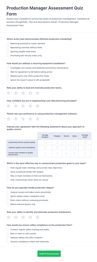 Production Manager Assessment Quiz Form Template