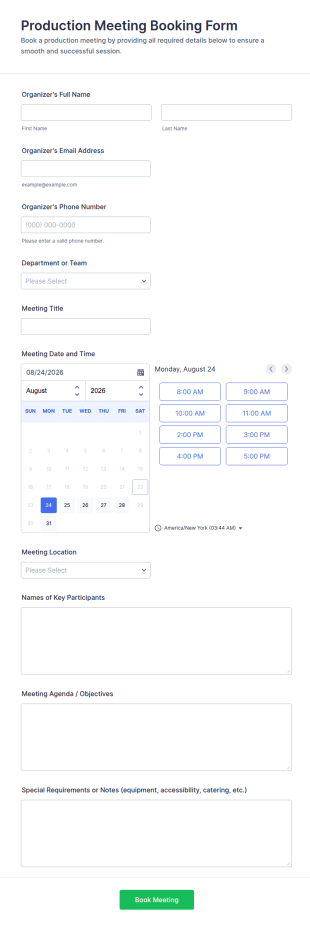 Production Meeting Booking Form Template