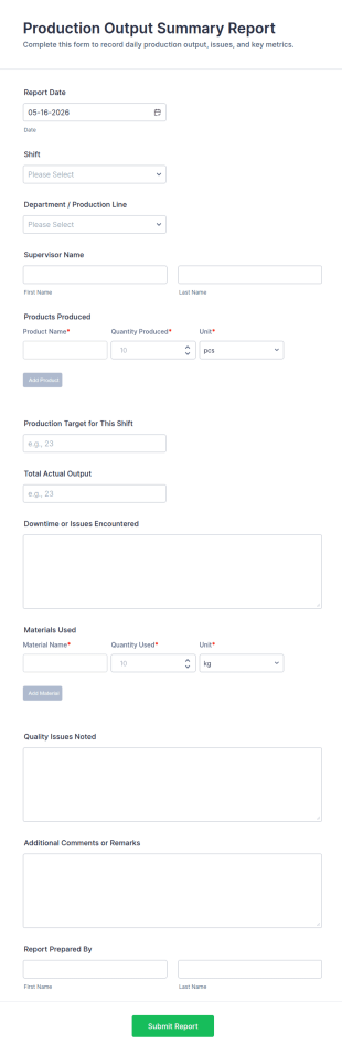 Production Output Summary Report Form Template