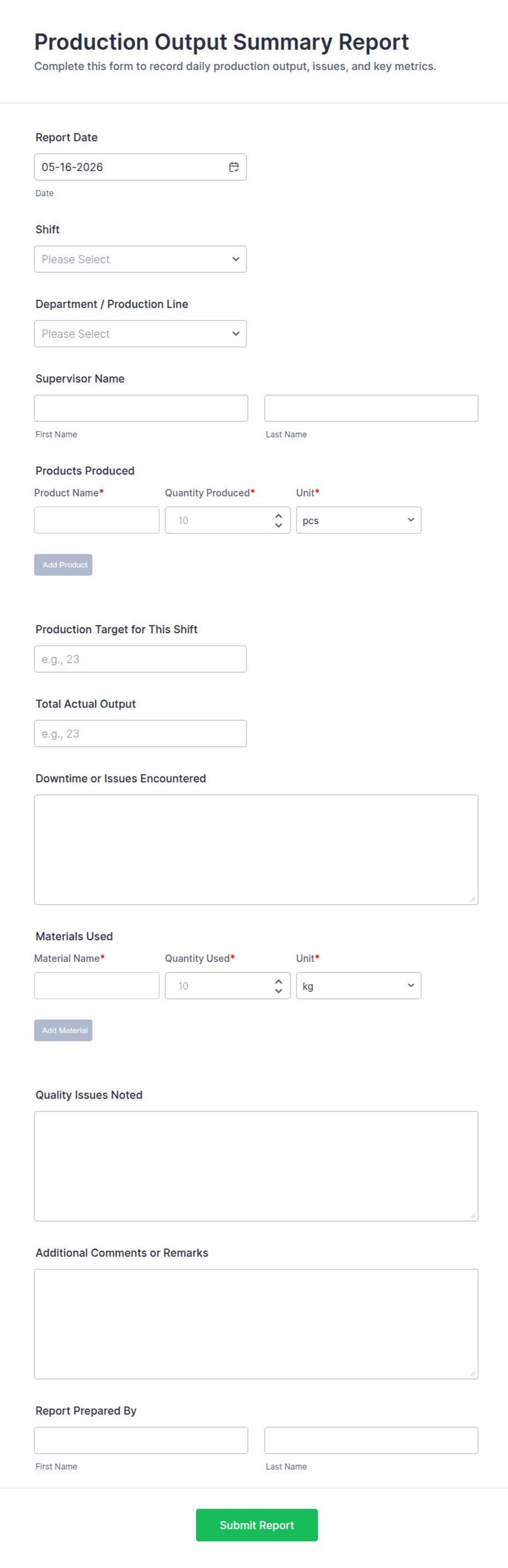 Production Data Summary Report Example Production Output Summary Report Form Template | Jotform