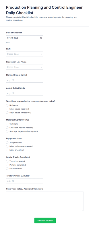 Production Planning And Control Engineer Daily Checklist Form Template