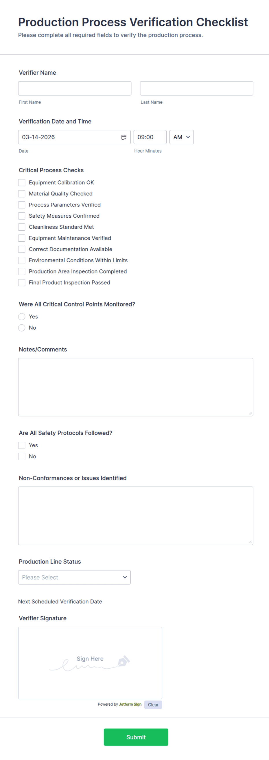 Continued Process Verification Template Production Process Verification Checklist Form Template | Jotform