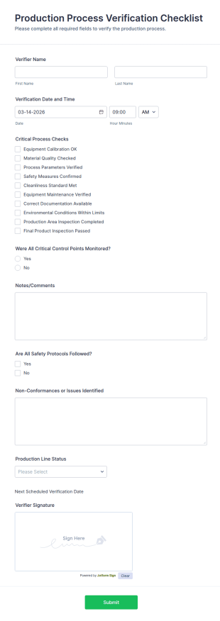 Production Process Verification Checklist Form Template