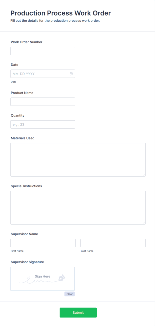 Production Process Work Order Form Template