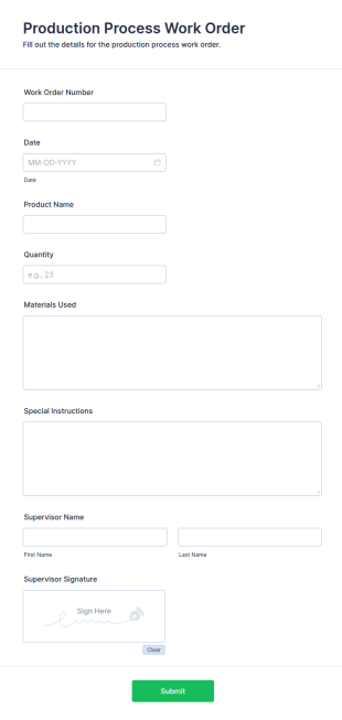 Production Process Work Order Form Template