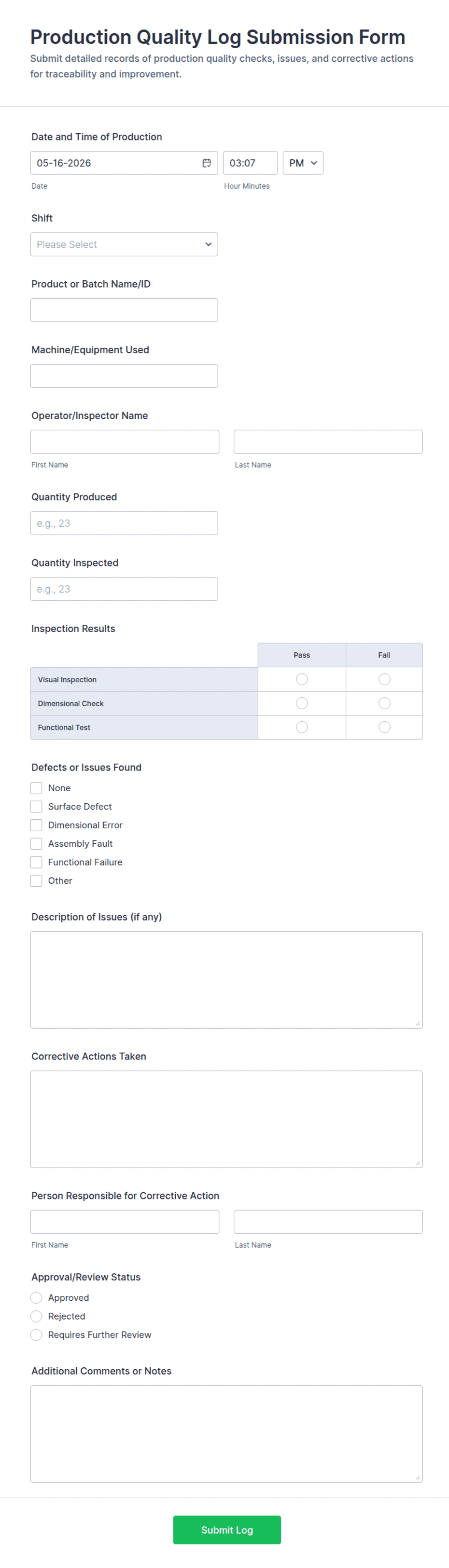 Production Quality Log Submission Form Template | Jotform