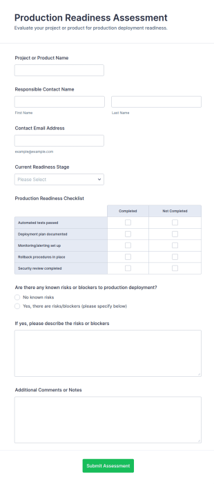 Production Readiness Assessment Form Template
