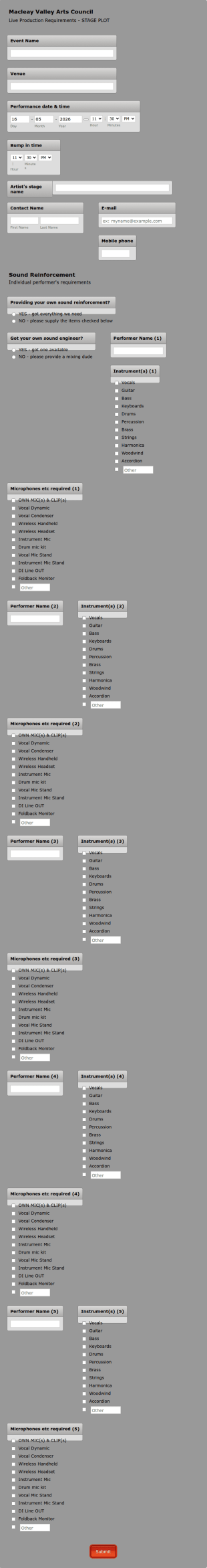 Production Requirements For Live Performance Form Template