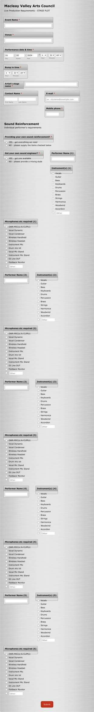 Production Requirements For Live Performance Form Template