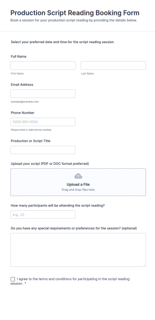 Production Script Reading Booking Form Template