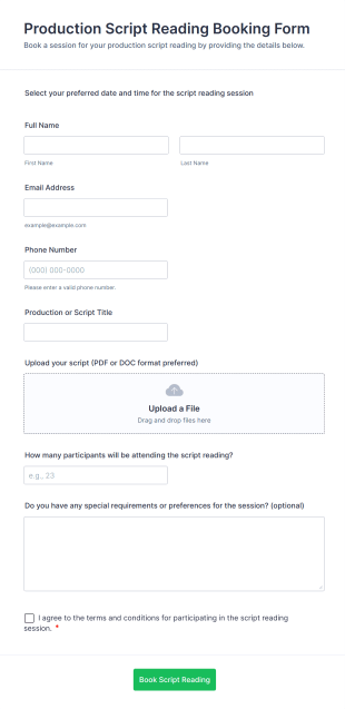 Production Script Reading Booking Form Template