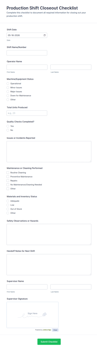 Production Shift Closeout Checklist Form Template