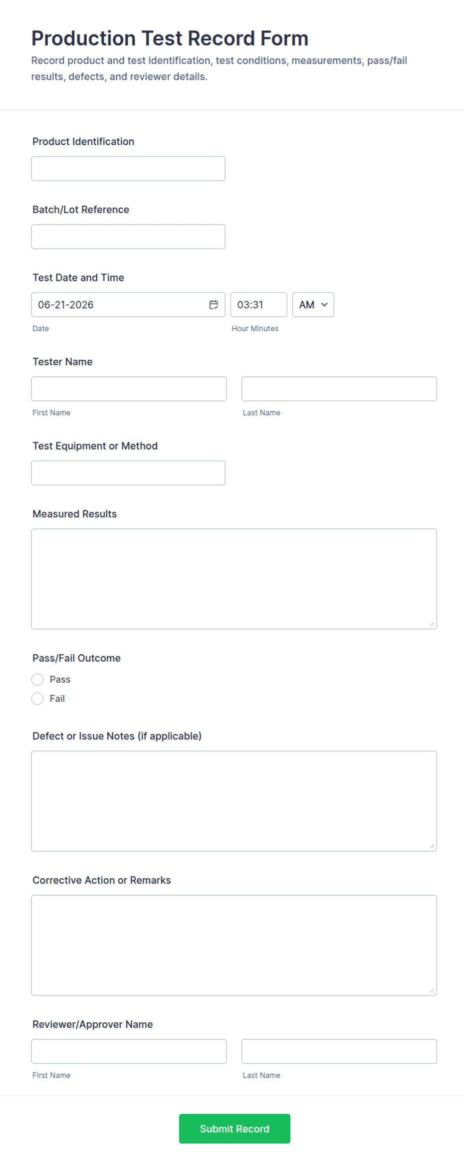 Production Test Record Form Template | Jotform