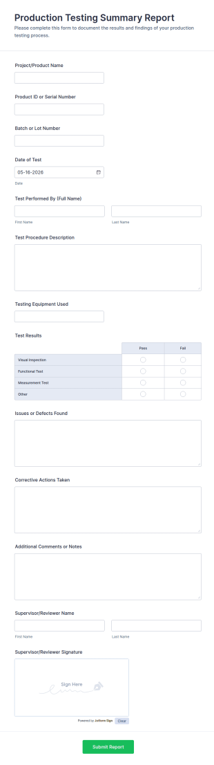 Production Testing Summary Report Form Template