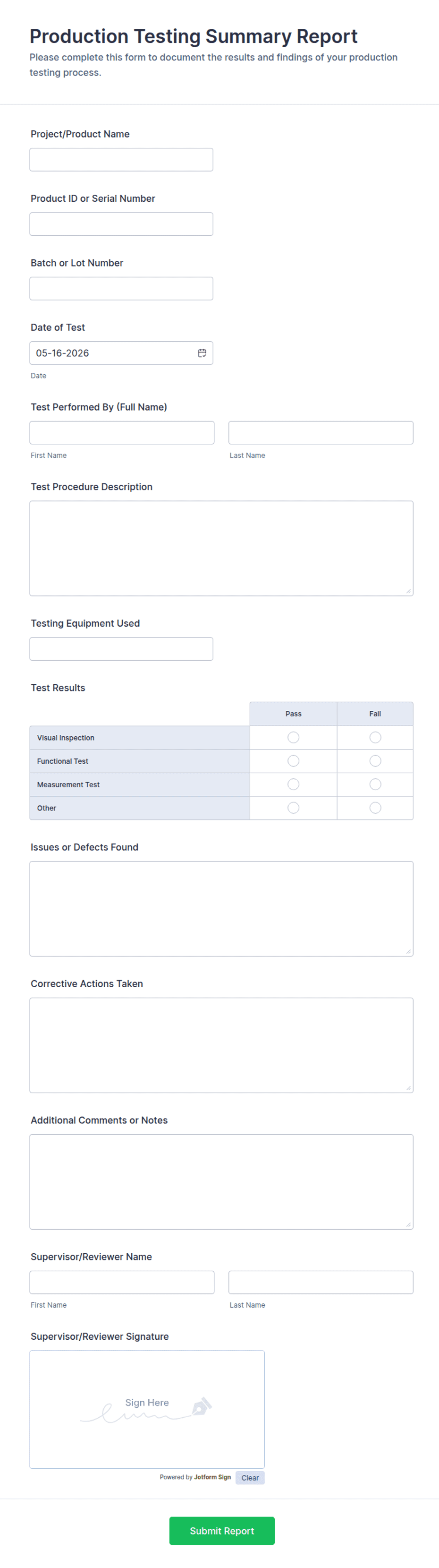 Production Testing Summary Report Form Template | Jotform
