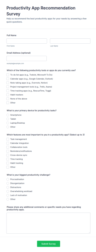 Productivity App Recommendation Survey Form Template
