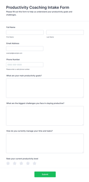 Productivity Coaching Intake Form Form Template