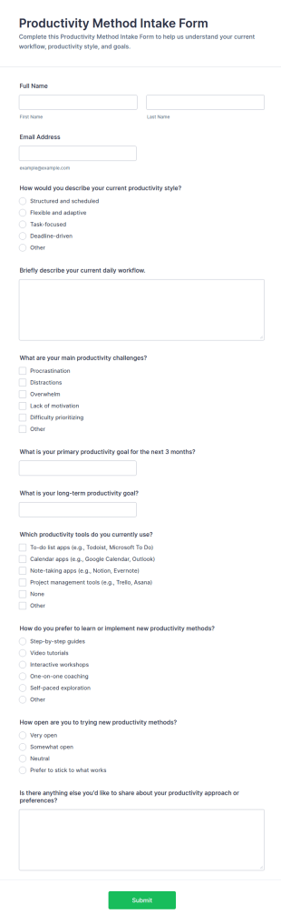 Productivity Method Intake Form Template