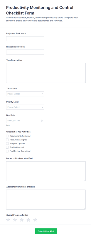 Productivity Monitoring And Control Checklist Form Template