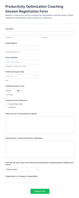 Productivity Optimization Coaching Session Registration Form Template