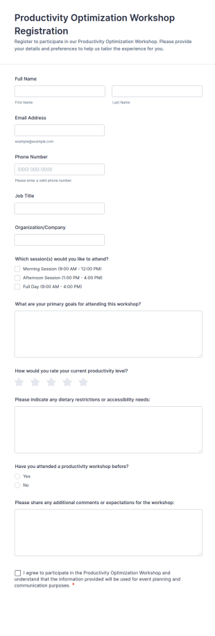 Productivity Optimization Workshop Registration Form Template