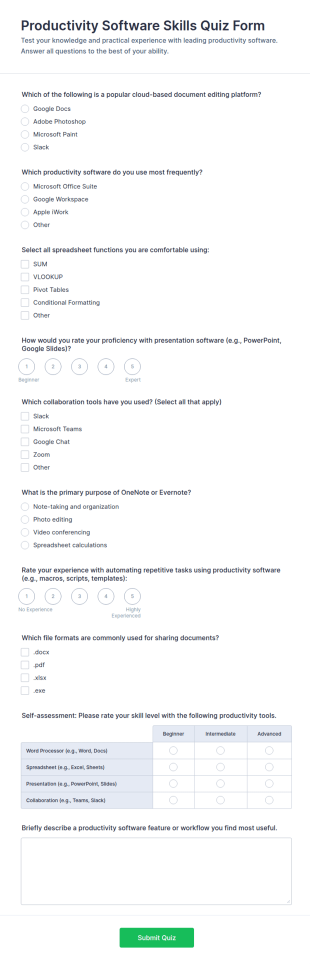 Productivity Software Skills Quiz Form Template
