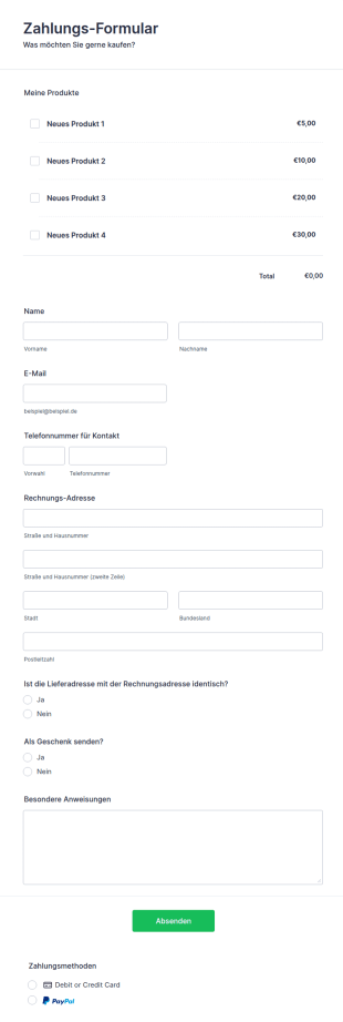 Produkt Bestellformular Mit PayPal