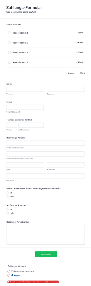 Produkt Bestellformular Mit PayPal Form Template